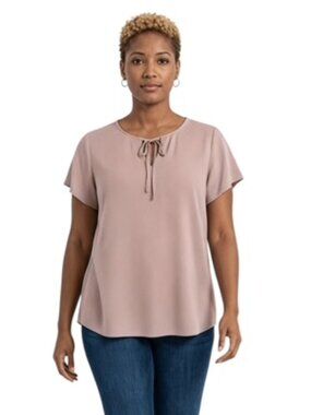 Adrianna Papell XL Mauve Neck Tie Flutter Sleeve Printed Blouse